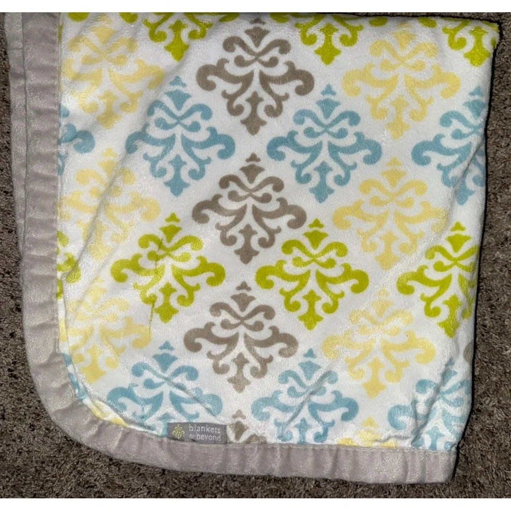 Blankets and Beyond‎ Baby Blanket Blue Green Grey Yellow Damask Print